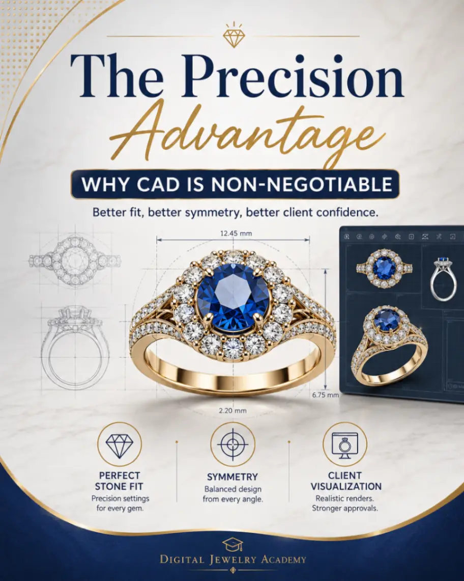 Educational graphic showing CAD jewelry design benefits, including stone fit, symmetry, and realistic client visualization