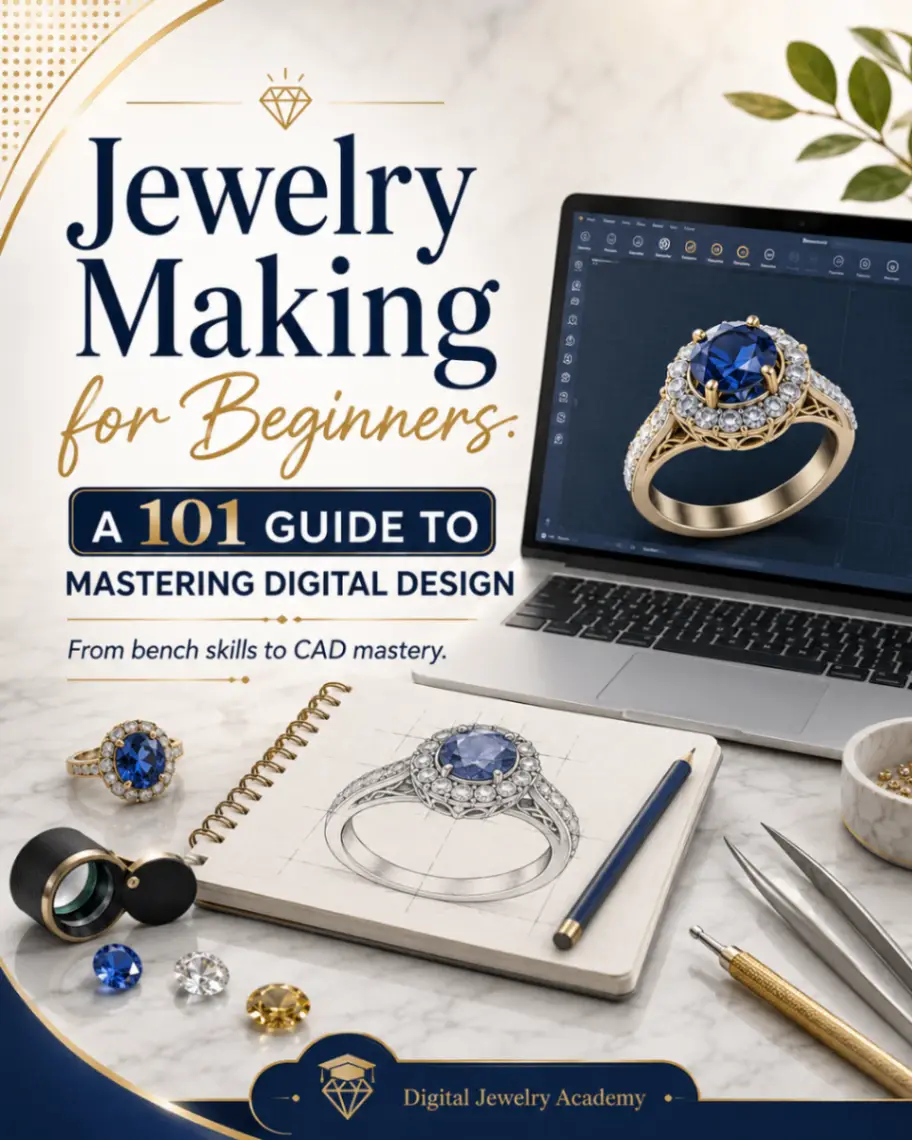 Laptop displaying a 3D CAD ring design beside jewelry sketches, gemstones, and professional design tools