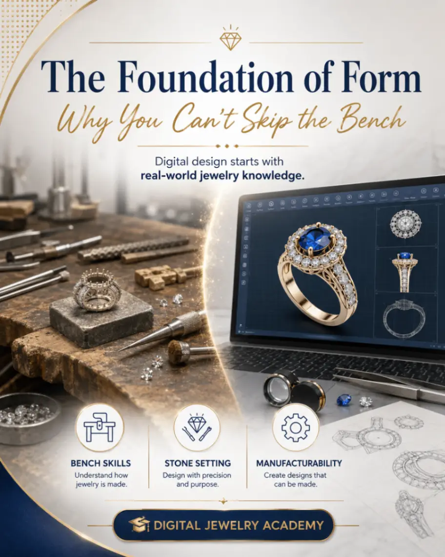 Split view showing a traditional jewelry workbench beside a laptop with a digital CAD ring design