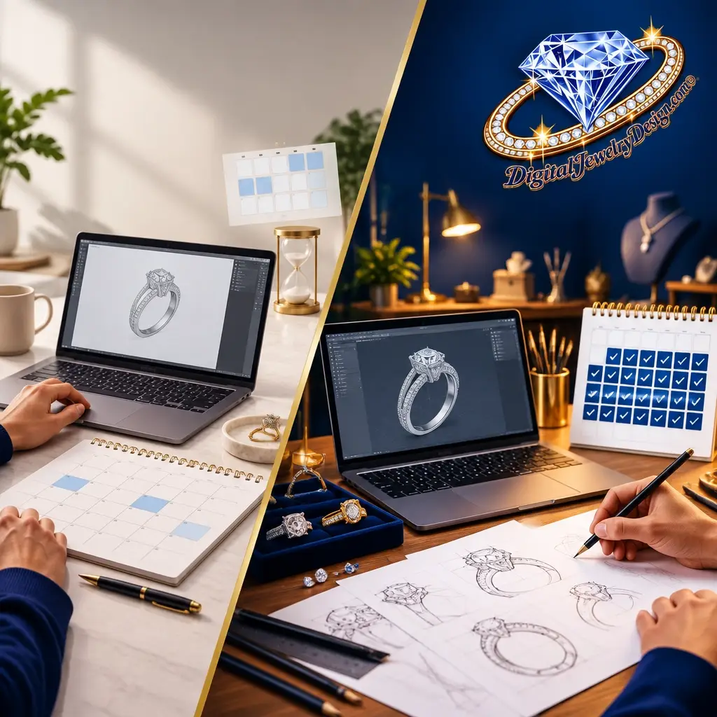 Split composition showing a monthly calendar view and a fully checked yearly calendar alongside CAD ring designs on a laptop